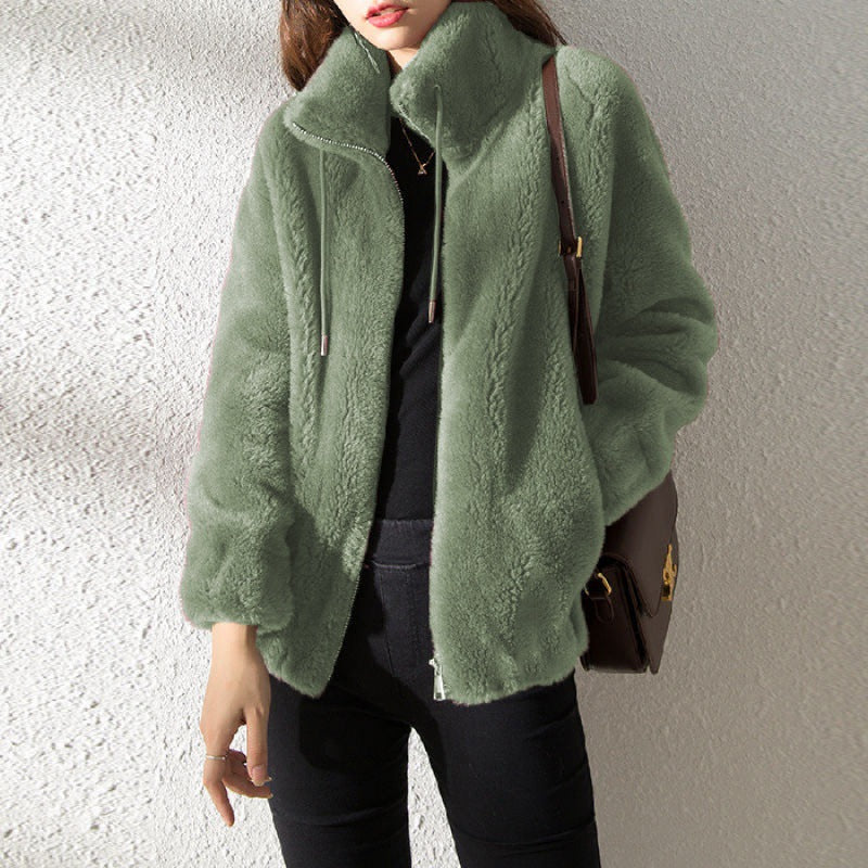 Women’s Bomber Jacket – Plush Fleece – Relaxed Fit – Stand Collar – Elastic Hem