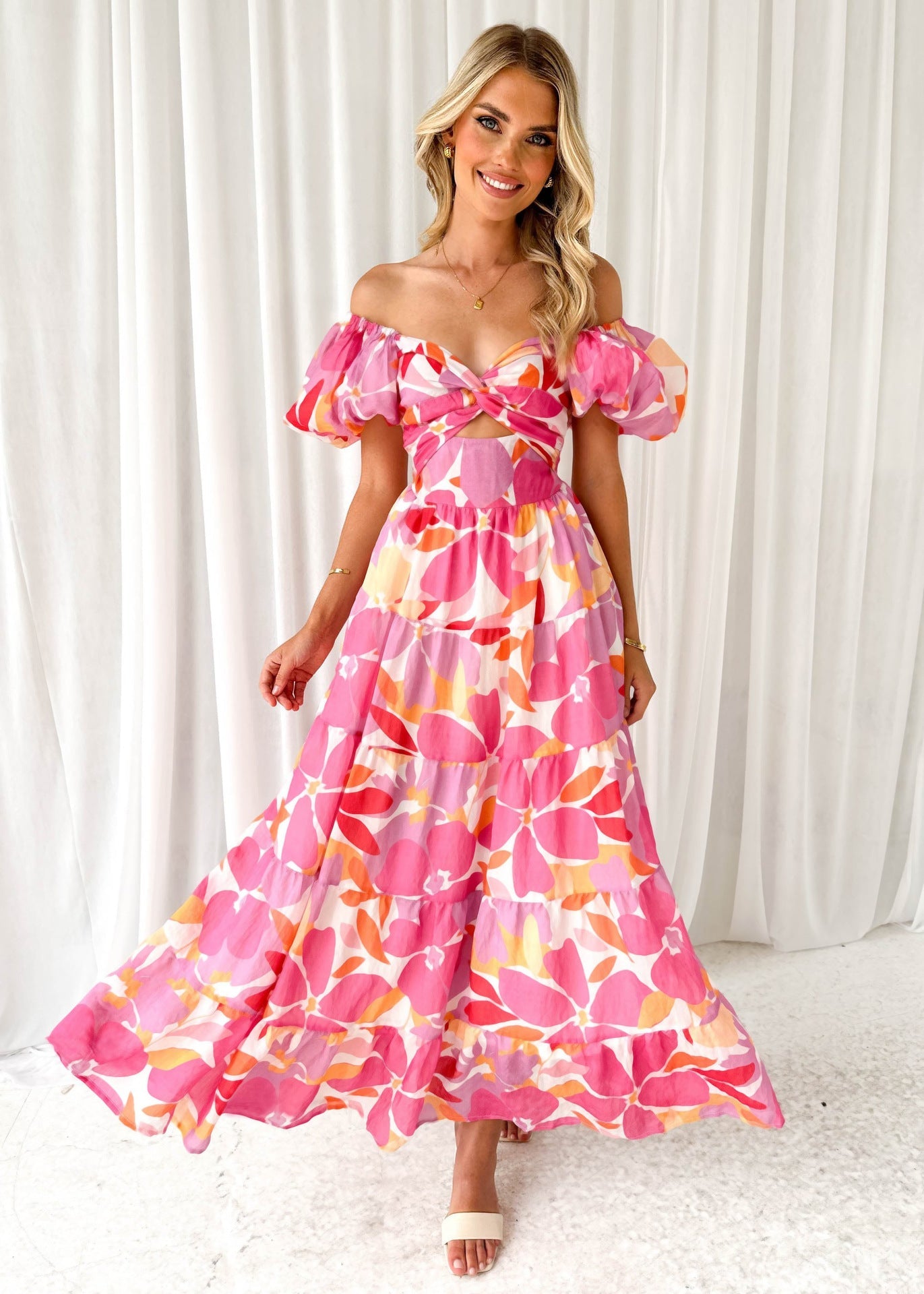 Women’s Maxi Dress – Off-Shoulder – Puff Sleeve – Smocked Waist – Flowy Cotton Blend