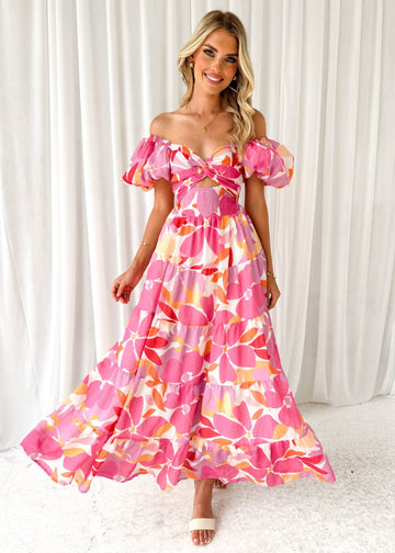 Women’s Maxi Dress – Off-Shoulder – Puff Sleeve – Smocked Waist – Flowy Cotton Blend