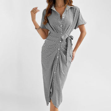 Women’s Wrap Dress – V-Neck Midi – Short Sleeve – Fitted Waist Tie – Lightweight Fabric