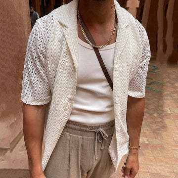 Men’s Knitted Cardigan – Slim Fit – Short Sleeve – Openwork – Button Front