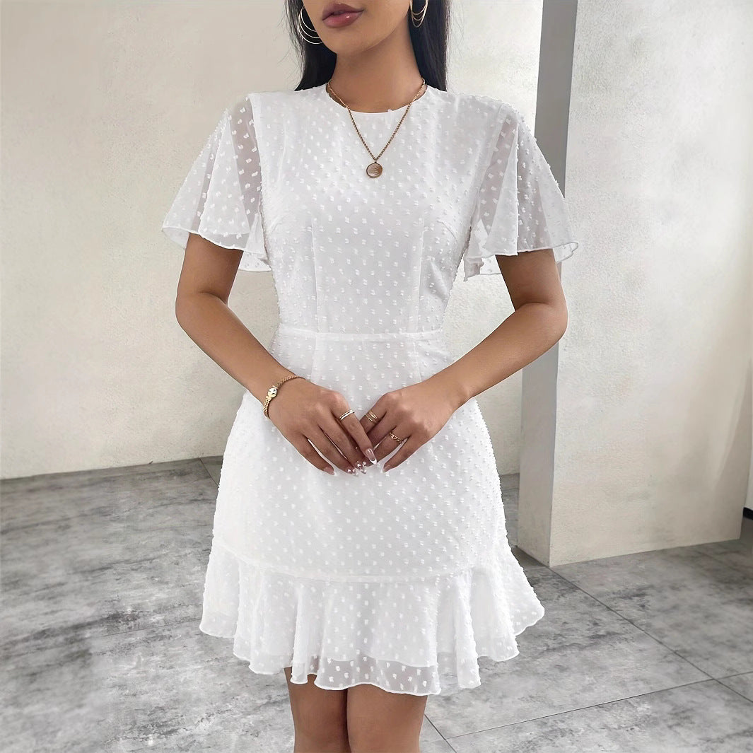 Women’s Short Sleeve Dress – Jacquard Dot – A-Line Fit – Flutter Sleeves – Mini Length