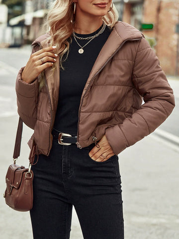 Women’s Quilted Jacket – Cotton Blend – Cropped Fit – Hooded – Zip Front – Lightweight
