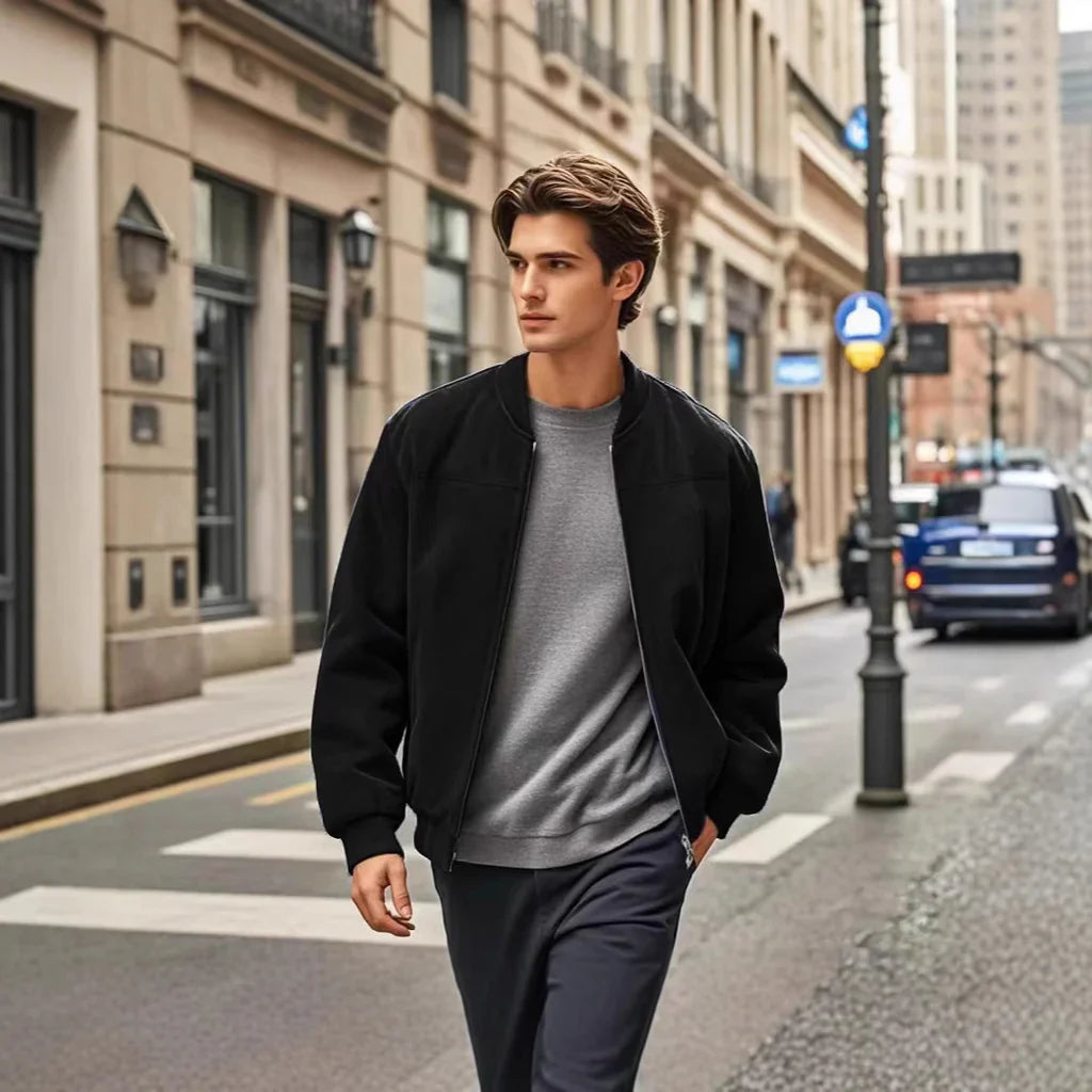 Men’s Bomber Jacket – Relaxed Fit – Ribbed Trim – Windproof – Full Zip Closure