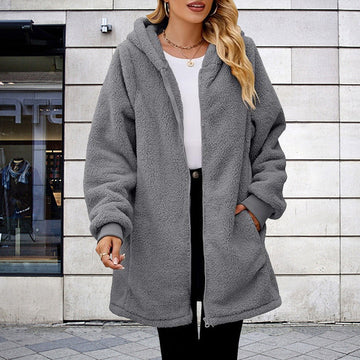 Women’s Hooded Zipper Jacket – Plush Oversized Fit – Ribbed Cuffs – Mid-Length Layer