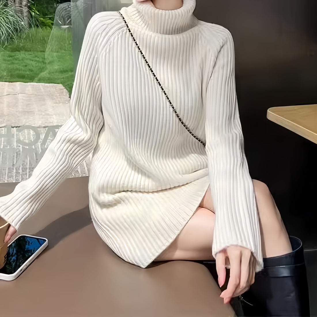 Turtleneck knit sweater mini dress for women