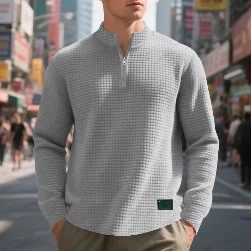 Men’s Sweater – Regular Fit – Waffle Knit Texture – Long Sleeve Mock Neck Quarter Zip