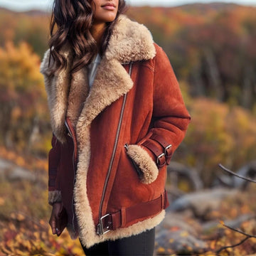 Women’s Coat – Oversized Fit – Plush Cotton – Faux Fur Trim – Zipper – Buckle Detail