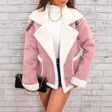 Women’s Faux Fur Jacket – Oversized Fit – Faux Suede – Double-Breasted Casual Coat