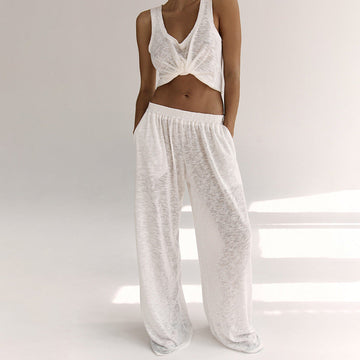 Women’s Loungewear Set – Twist-Front Cropped Top – Wide-Leg Pants – Soft Knit Fabric