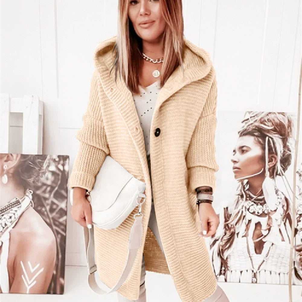 Women’s Hooded Cardigan – Relaxed Fit – Ribbed Knit – Long Line – Button Front