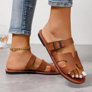 Women’s Sandals – Slip-On Open Toe – Adjustable Buckle – Flat Sole – Cut-Out Design