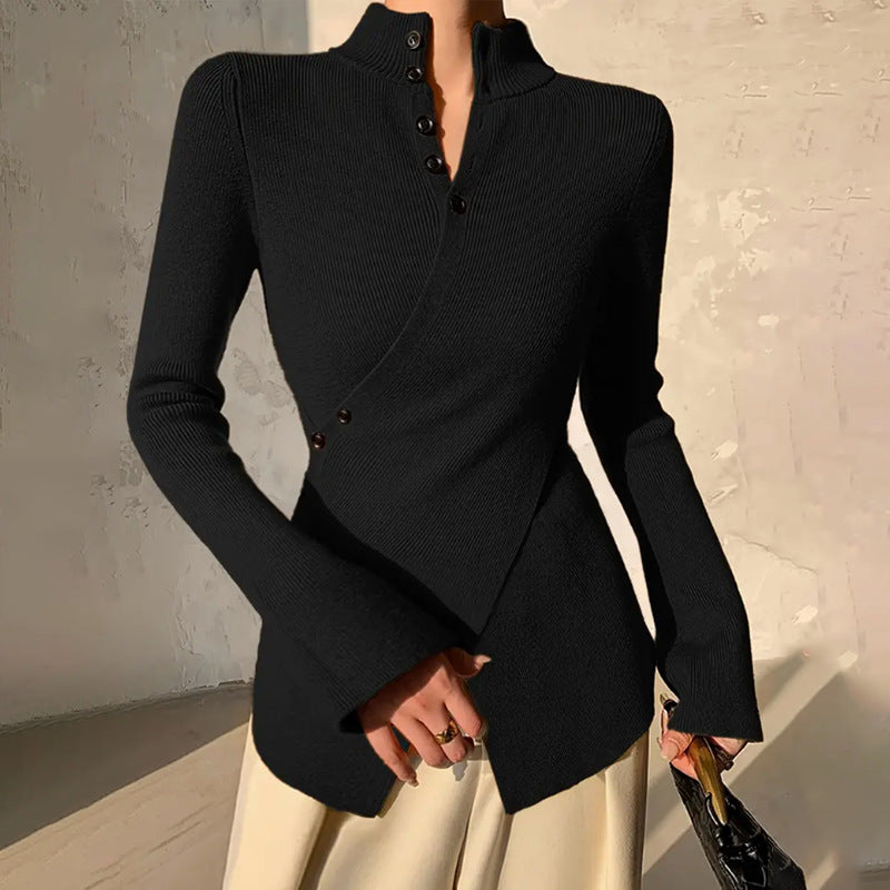 Women’s Knit Top – Slim Fit – High Neck – Long Sleeve – Asymmetric Hem – Button Detail