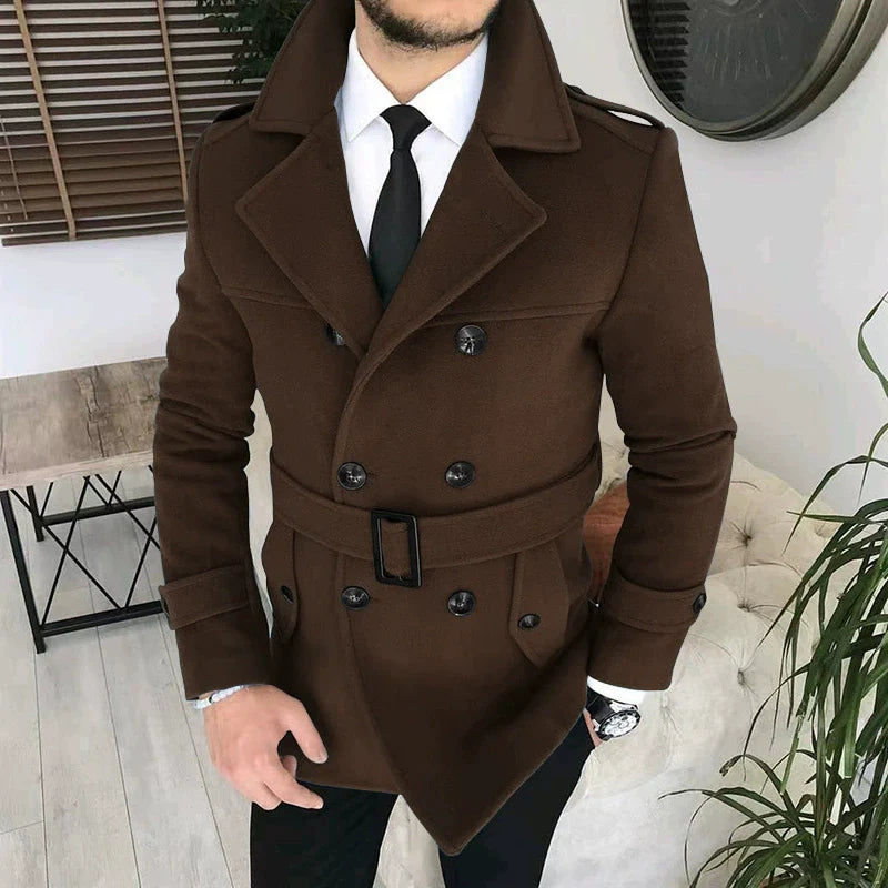 Men’s Short Jacket – Tailored Fit – Wool Blend – Double-Breasted – Belted Waist