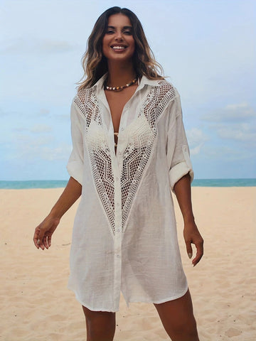 Women's Beach Blouse - Crochet Hollow Design - Lightweight Linen Cover-Up - Button-Up Relaxed Fit