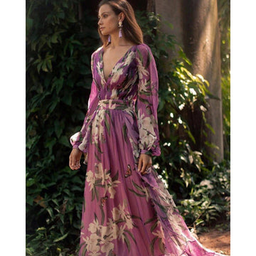 Women’s Long Sleeve Dress – Chiffon – V-Neck – Floral Print – Relaxed Fit – Full Length