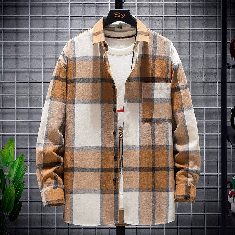 Men’s Button-Up Shirt – Loose Fit – Long Sleeve – Plaid Cotton Casual Wear