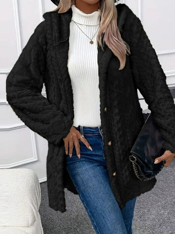 Women’s Long Jacket – Plush Fleece – Oversized Fit – Hooded – Button Front Closure