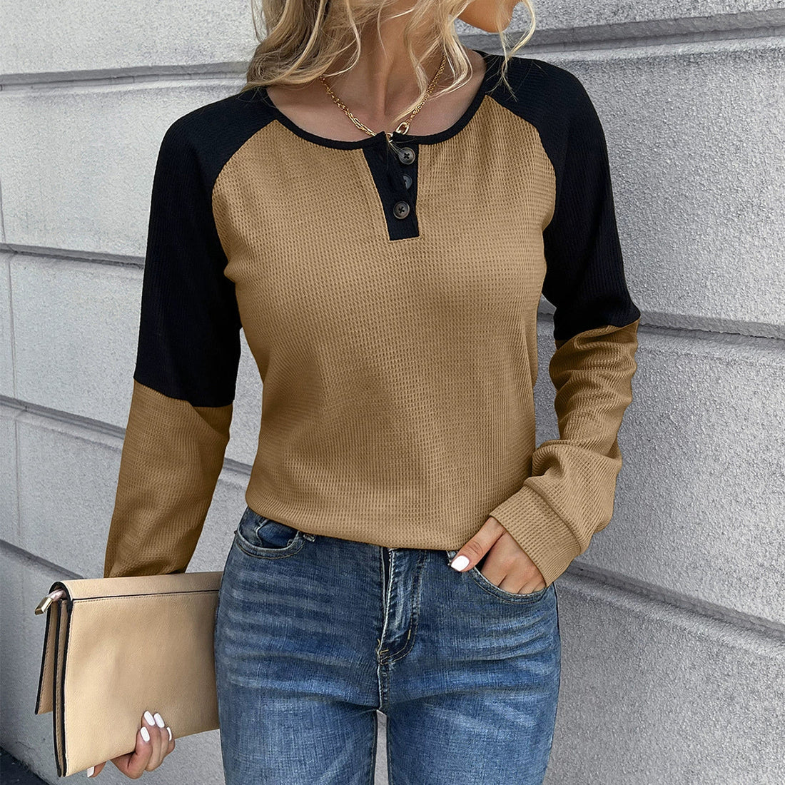 Women’s Long Sleeve T-Shirt – Slim Fit Waffle Knit – Button Neck – Raglan Sleeve