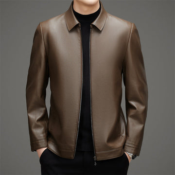 Men’s Leather Jacket – Regular Fit – Pebbled Texture – Point Collar – Full Zip – Hip Length