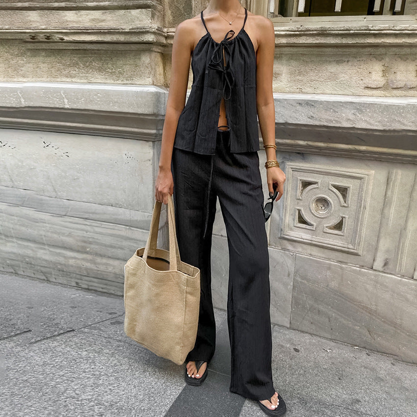 Women's Two-Piece Set - Halter Tie-Front Top & High-Waist Wide-Leg Pants - Casual Fit