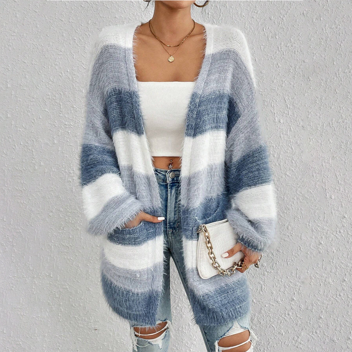 Women’s Knit Cardigan – Oversized Fit – Plush Texture – Open Front Long Sleeve – Striped