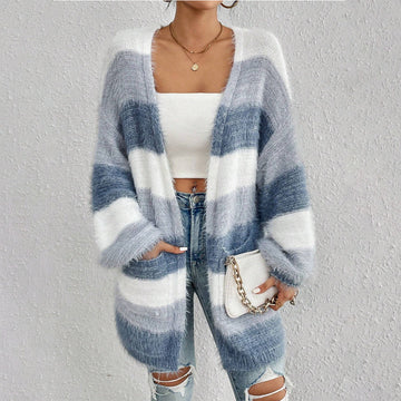 Women’s Knit Cardigan – Oversized Fit – Plush Texture – Open Front Long Sleeve – Striped