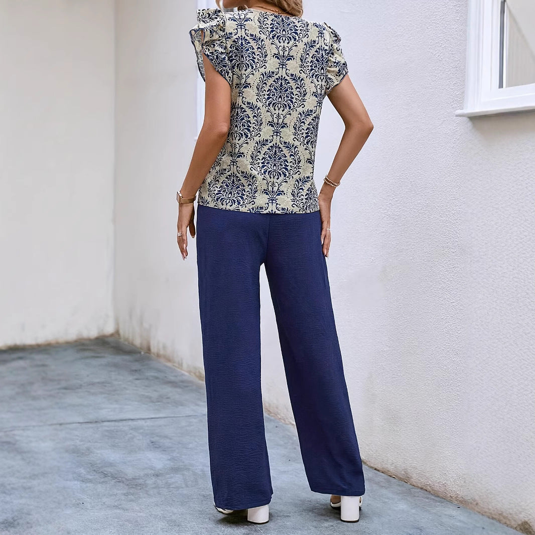 Women’s Matching Set – V-Neck Floral Top with Ruffled Sleeves – Belted Wide-Leg Trousers