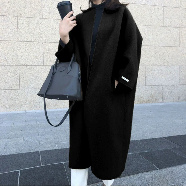 Women’s Long Coat – Relaxed Straight Fit – Wool Blend – Open Front – Wide Sleeve – Mid-Calf Length