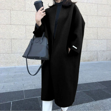 Women’s Long Coat – Relaxed Straight Fit – Wool Blend – Open Front – Wide Sleeve – Mid-Calf Length