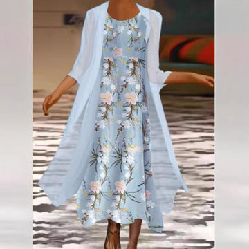 Women’s Two-Piece Dress Set – Floral Print – Loose Fit – Breathable Blend – Mid-Length