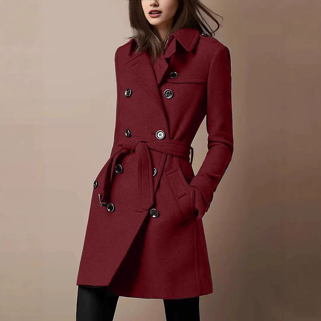 Women’s Coat – Slim Fit Wool Blend – Double-Breasted – Belted Waist – Mid-Thigh Length