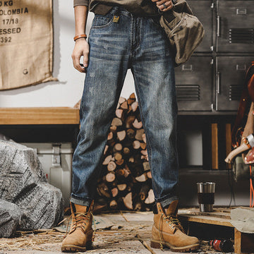 Men’s Jeans – Relaxed Fit – Straight Leg – Stone Washed Distressed Denim – Casual Style