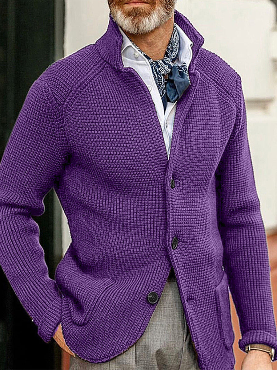 Men’s Cardigan – Slim Fit Textured Knit – Stand-up Collar – Button Front – Patch Pockets