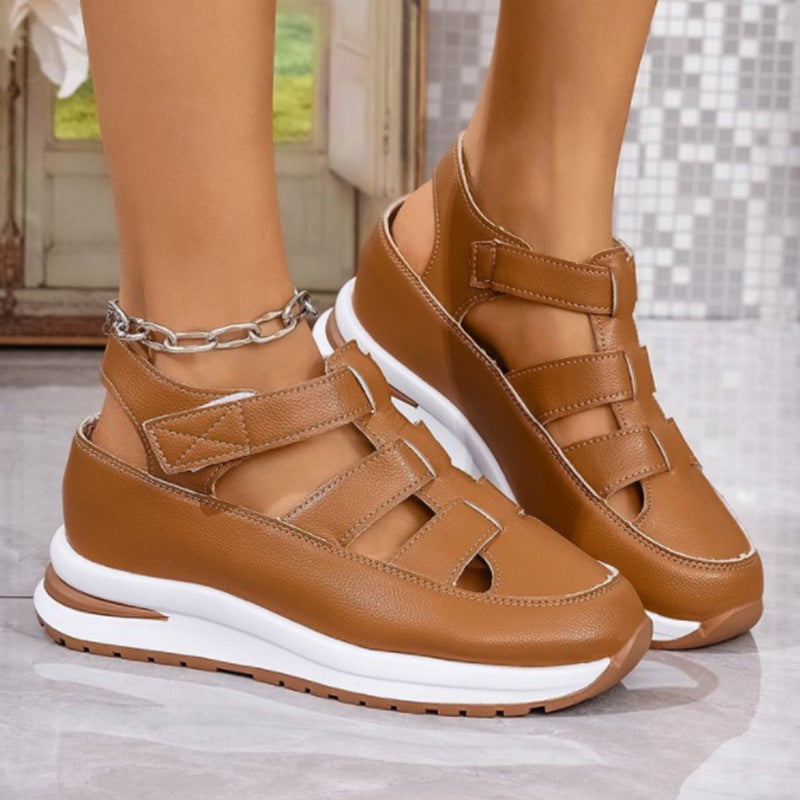 Women’s Wedge Sandals – Closed Toe – Cut-Out Design – Cushioned Sole – Velcro Strap