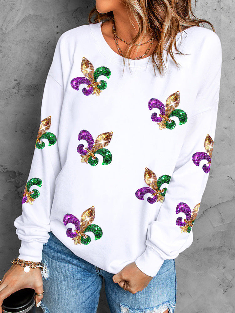 Women’s Sweatshirt – Relaxed Fit – Sequin Front – Cotton Blend – Round Neck Pullover