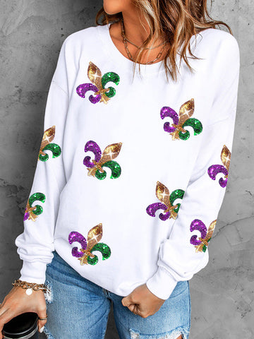 Women’s Sweatshirt – Relaxed Fit – Sequin Front – Cotton Blend – Round Neck Pullover