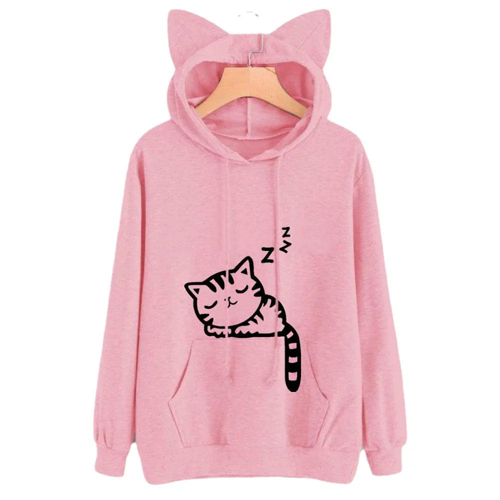 Women’s Hooded Sweatshirt – Loose Fit – Plush Fleece – Cat Ears – Kangaroo Pocket – Graphic Cat