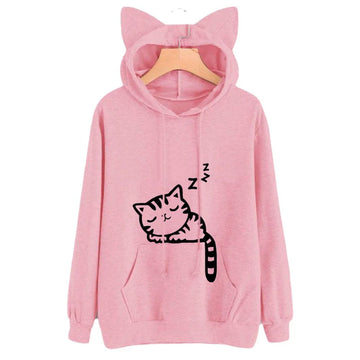 Women’s Hooded Sweatshirt – Loose Fit – Plush Fleece – Cat Ears – Kangaroo Pocket – Graphic Cat