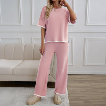 Women’s Two-Piece Lounge Set – Knit Fabric – Relaxed Fit Top – Wide Leg Pants