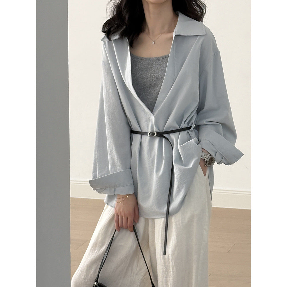 Women’s Blouse Set – Relaxed Fit – Lightweight Fabric – Belted Waist – Lapel Collar