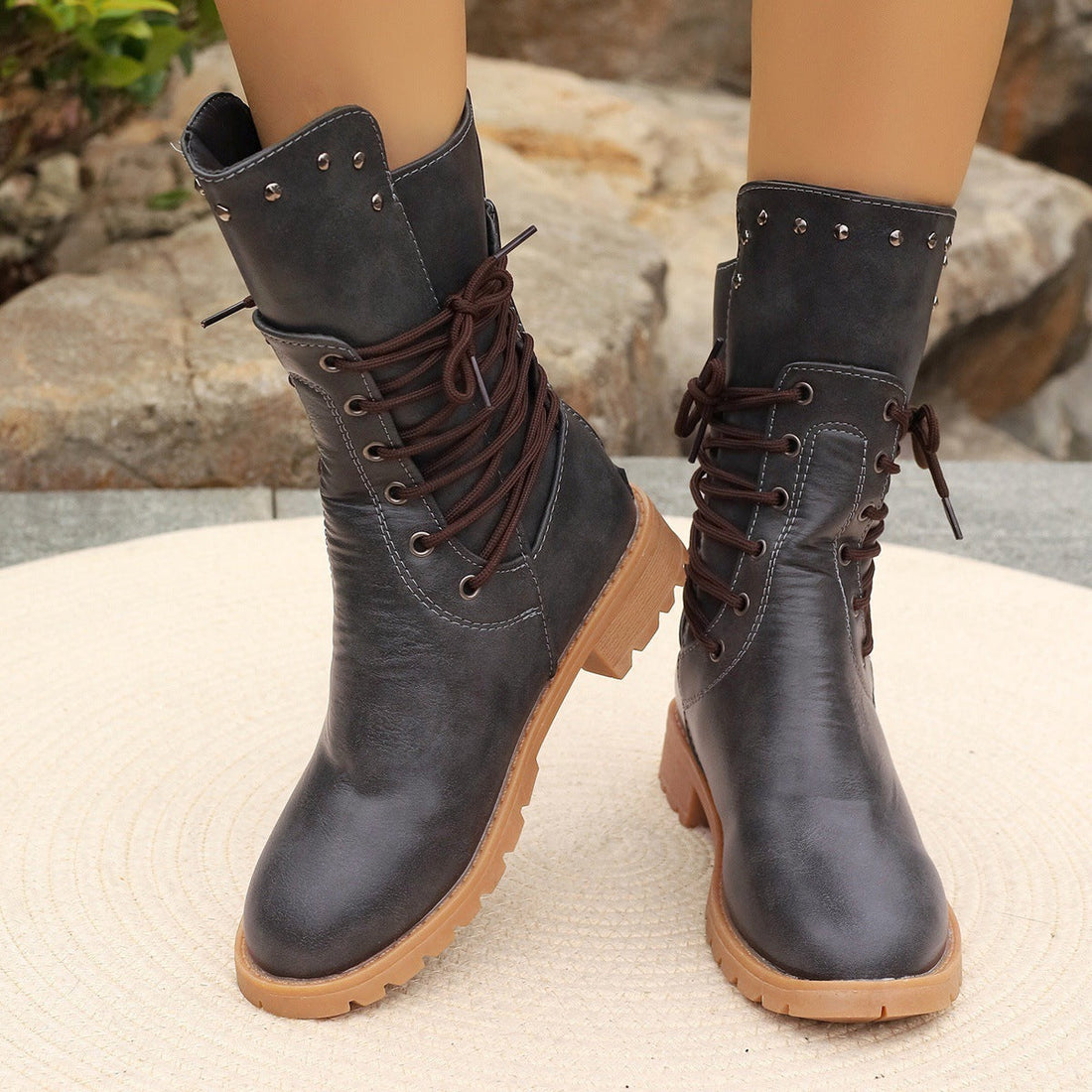 Women’s Mid-Calf Boots – Synthetic Leather – Lace-Up – Chunky Heel – Stud Detail