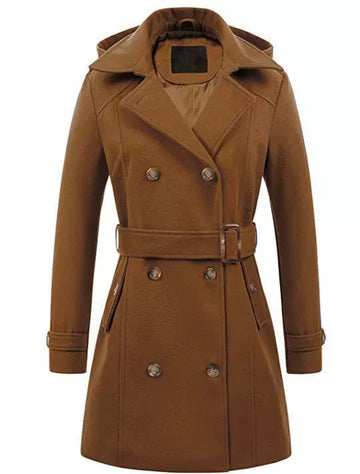 Women’s Winter Coat – Tailored Fit – Wool Feel – Hooded – Belted – Double-Breasted