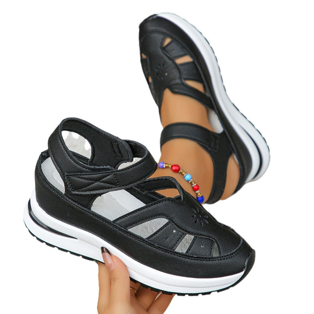 Women’s Sandals – Roman Style Cut-Out – Velcro Strap – Cushioned Platform Sole