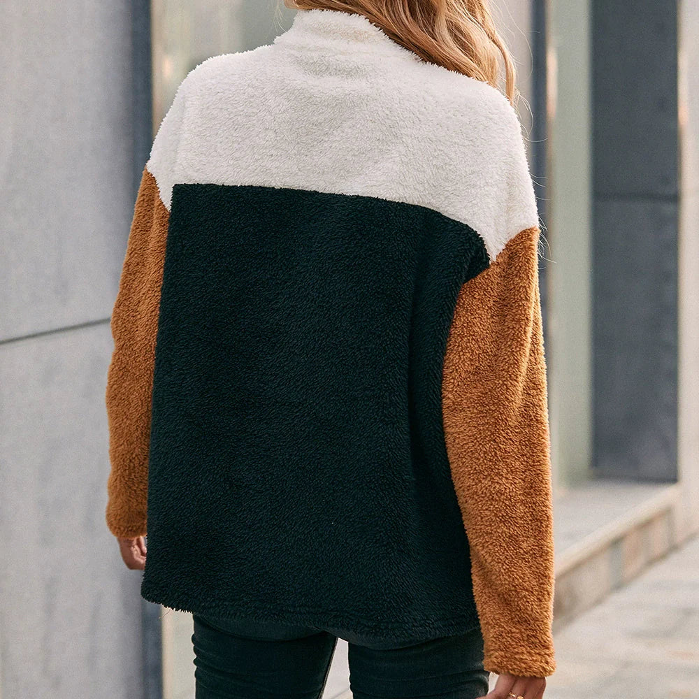 Women’s Sweatshirt – Oversized Fit – Plush Fabric – Half Zip Patchwork – Side Pockets
