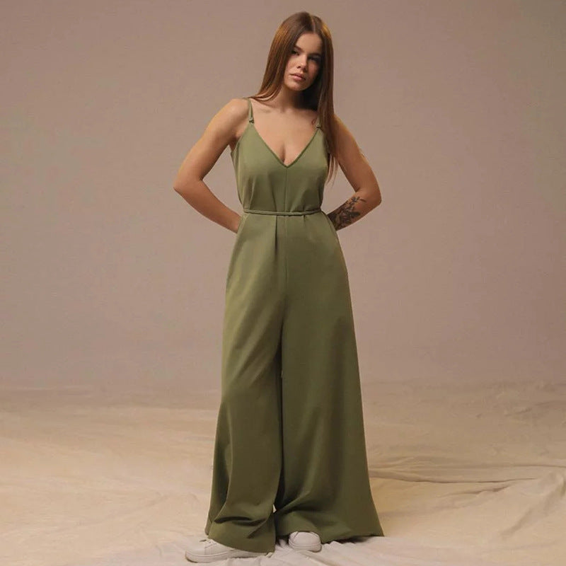 Women’s Jumpsuit – V-Neck Linen Blend – Wide Leg – Sleeveless – Tie Waist – Loose Fit