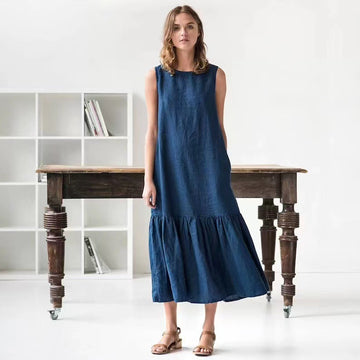 Women’s Midi Dress – Linen Blend – Loose Fit – Sleeveless A-Line – Ruffled Hem