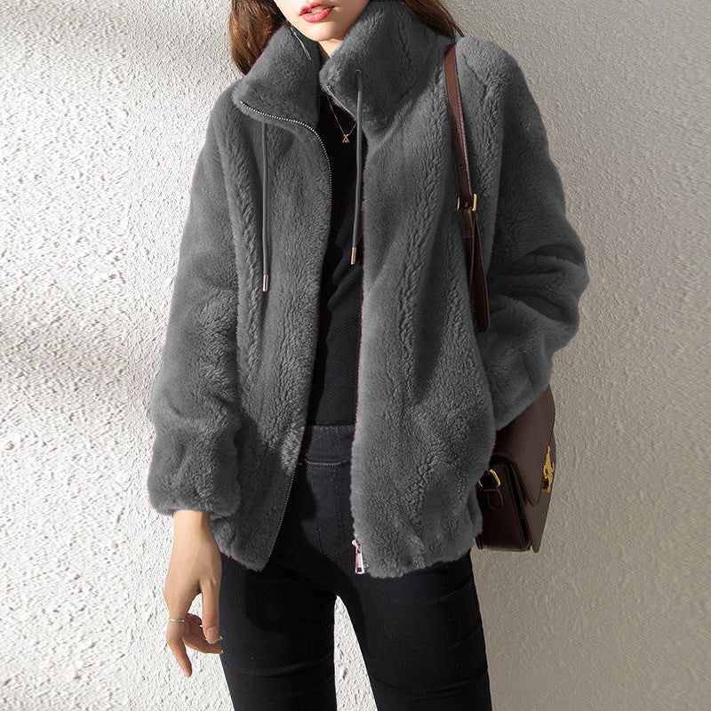 Women’s Bomber Jacket – Plush Fleece – Relaxed Fit – Stand Collar – Elastic Hem