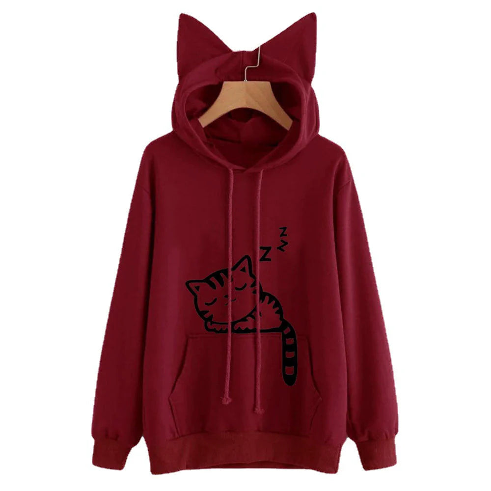 Women’s Hooded Sweatshirt – Loose Fit – Plush Fleece – Cat Ears – Kangaroo Pocket – Graphic Cat