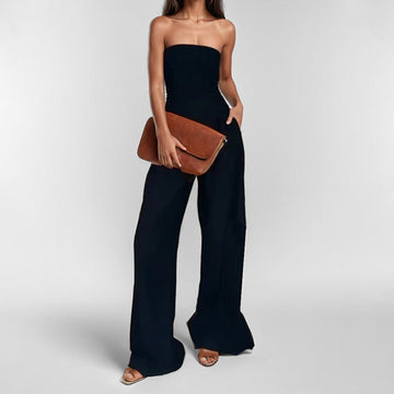 Women’s Strapless Jumpsuit – Satin Feel – Wide Leg – Formal Elegant Fit